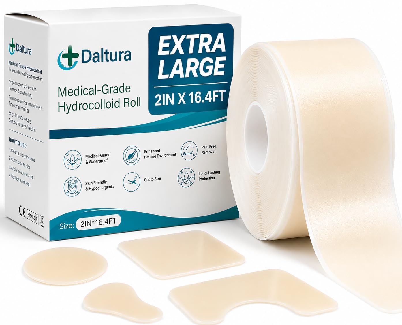 Hydrocolloid Bandages Roll 2in x 16ft – Medical Grade Hydrocolloid Roll for Wound Care, Cut-to-Size Pimple Patch, Blister & Burn Bandages, Waterproof Self-Adhesive, First Aid Kit Essential