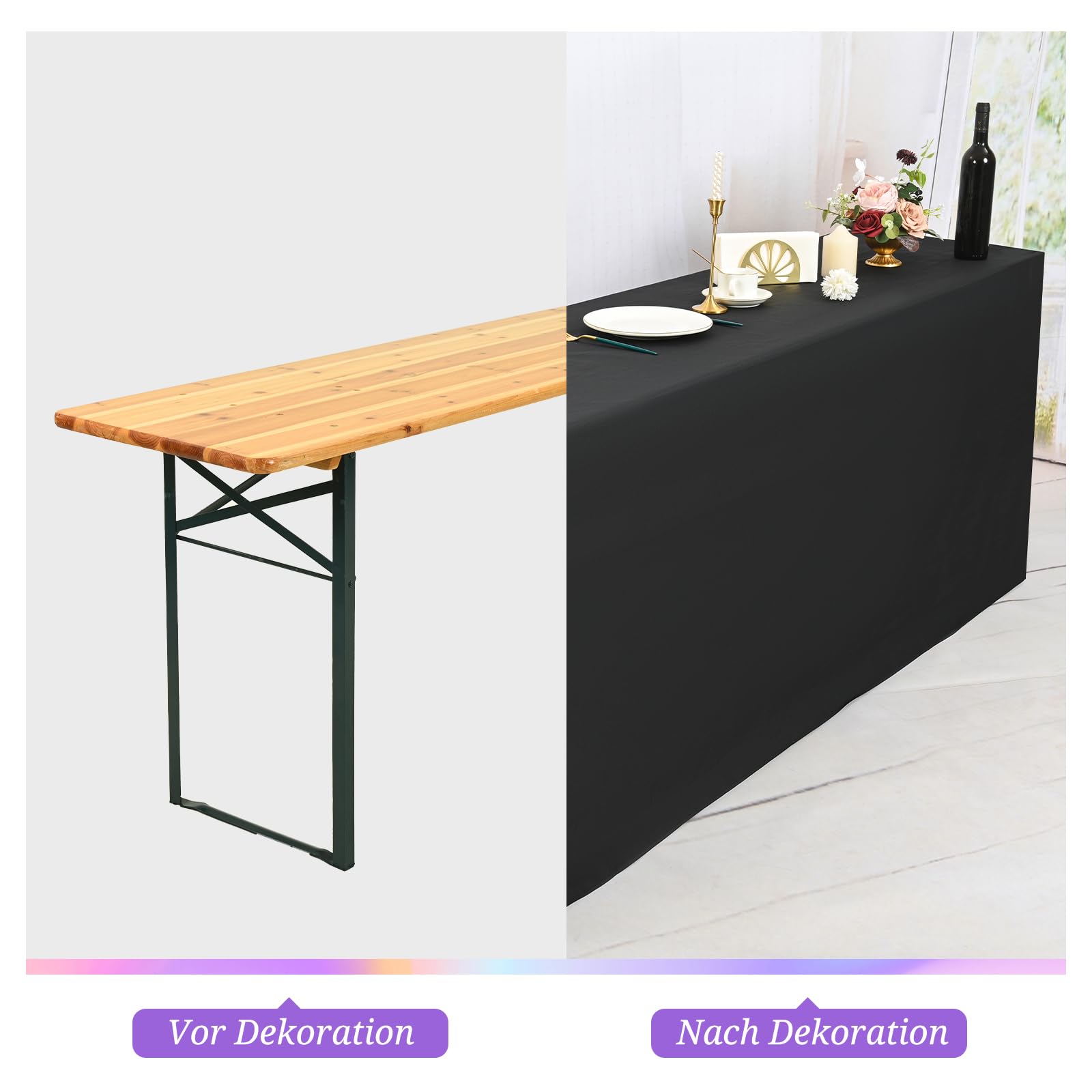 YMHPRIDE 1er-Set Biertischhussen, schwarz Biertischhusse für Bierzeltgarnitur, 50 cm Tischbreite, Bierzeltgarnituren 220 x 50cm für Gartenbankett-Gartenmöbel.