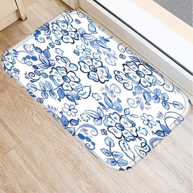 Blue Floral Door Mat Indoor Hallway Balcony Mats Velvet Anti-slip Rug Living Room Bathroom Carpet Home Decor Mats NO.15 40X120cm