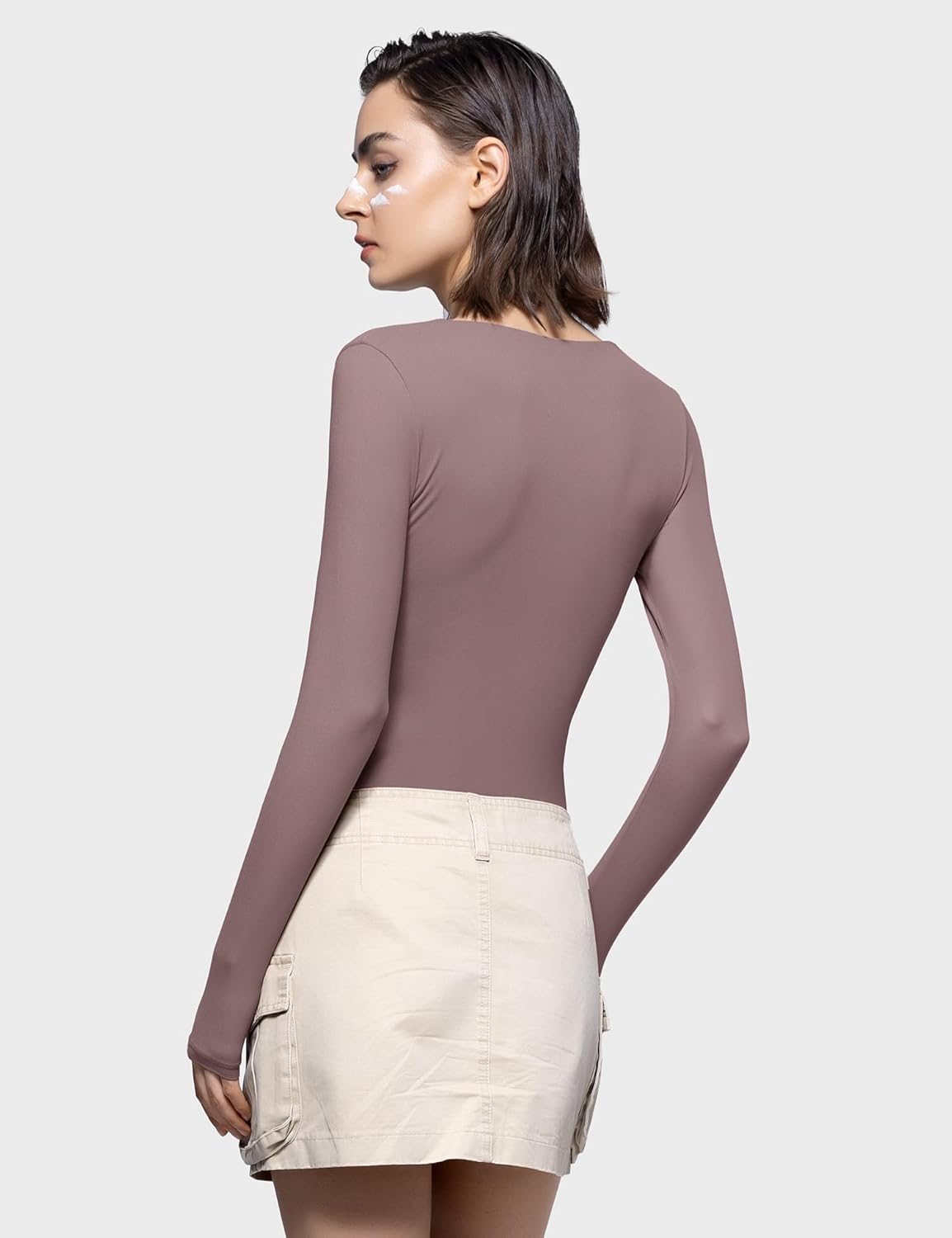 PUMIEY Women's Sweetheart Neck Long Sleeve Bodysuit Slimming Body Suit Going Out Tops Smoke Cloud Pro Collection - Image 4