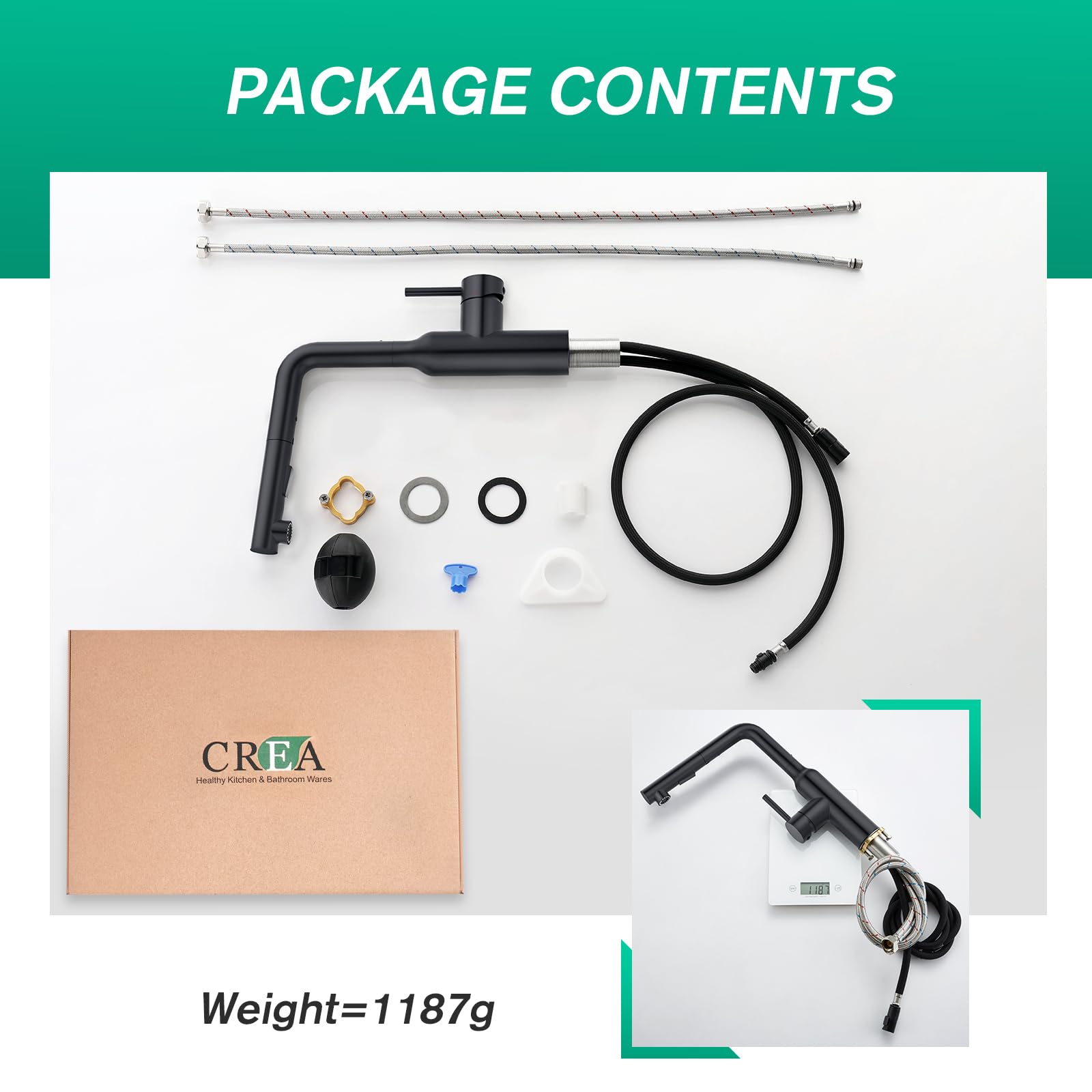 CREA Bateria zlewozmywakowa, bateria kuchenna z wyciąganym natryskiem, jednouchwytowa bateria zlewozmywakowa z obrotową wylewką i wyciąganym natryskiem magnetycznym, stal nierdzewna, matowa czarny