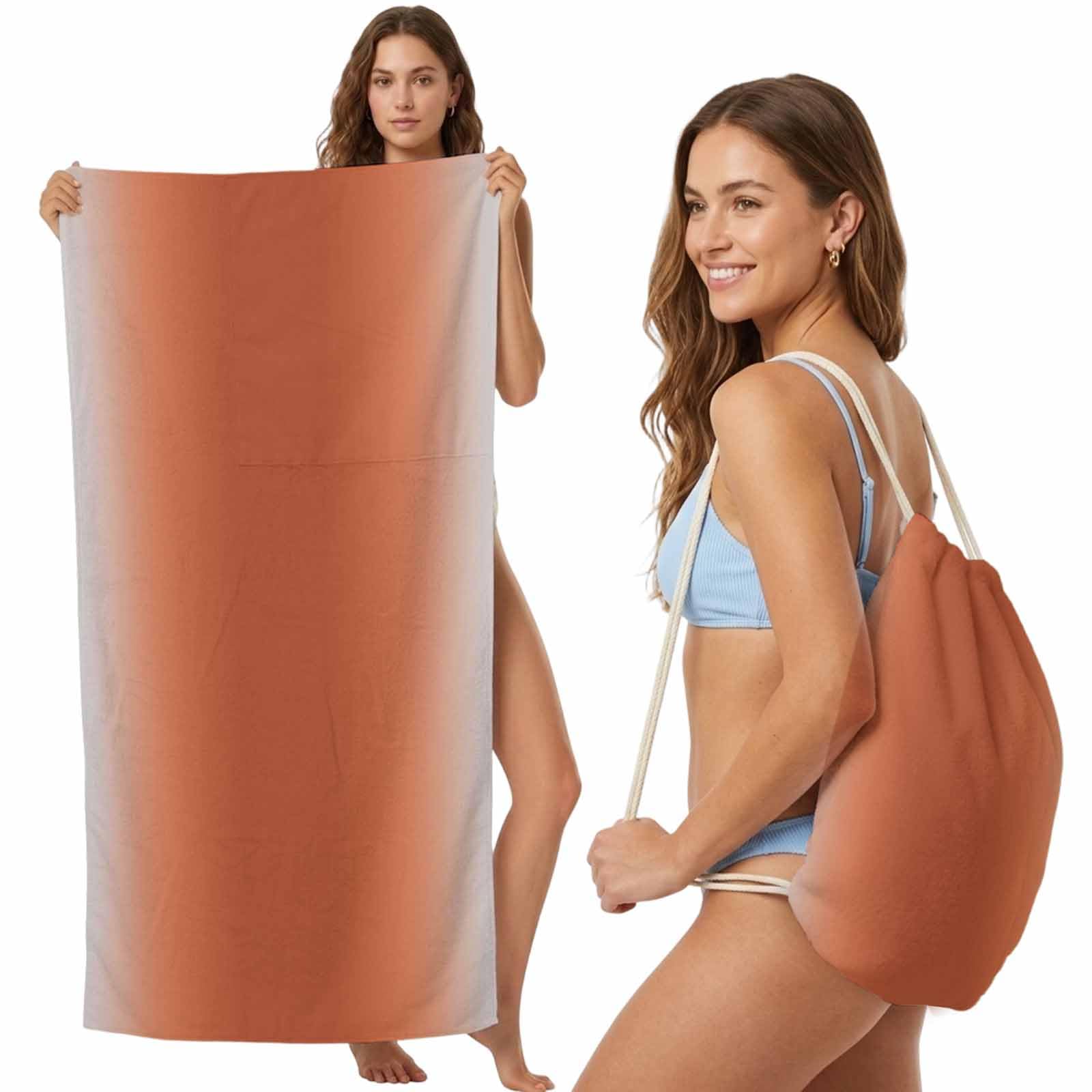 Beach Towel Bag 2 in 1 Orange Solid Color Bath Pool Towels Backpack Gradient Color Absorbent Beach Towel Soft Quick Dry Lightweight Packable Towels Drawstring Bag for Travel Camping Sports Yoga Picnic