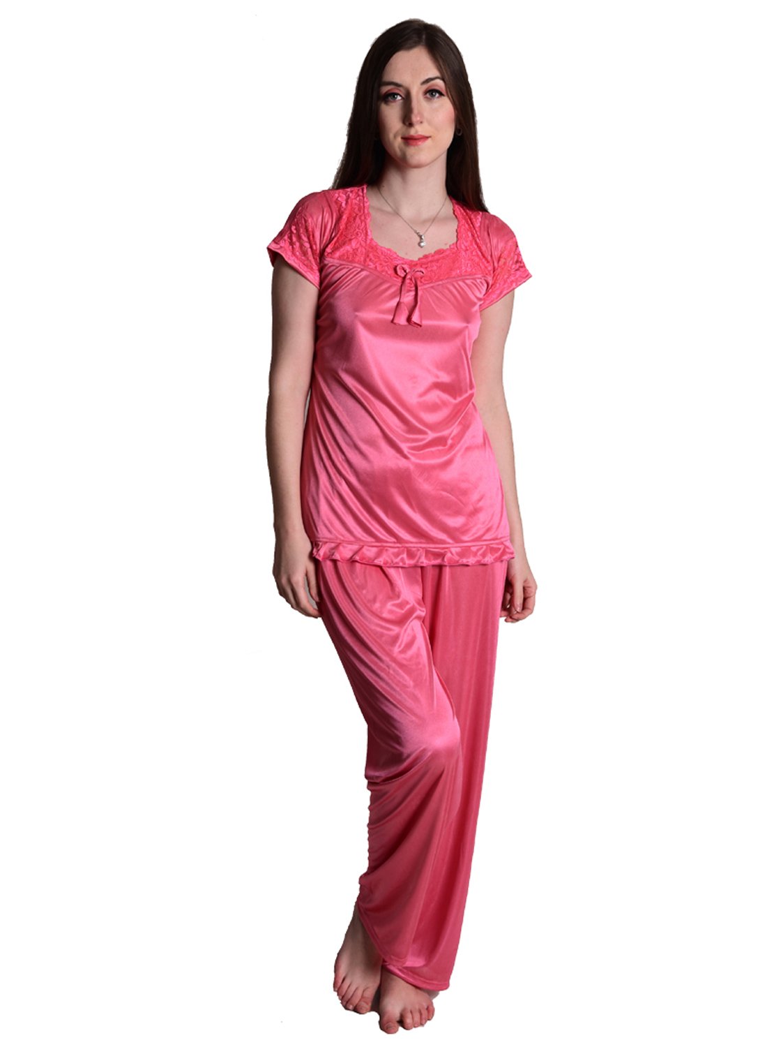nightdoll Women's Satin Plain/Solid Night Suit/Top and Pyjama Set (Coral Pink)-picture-35
