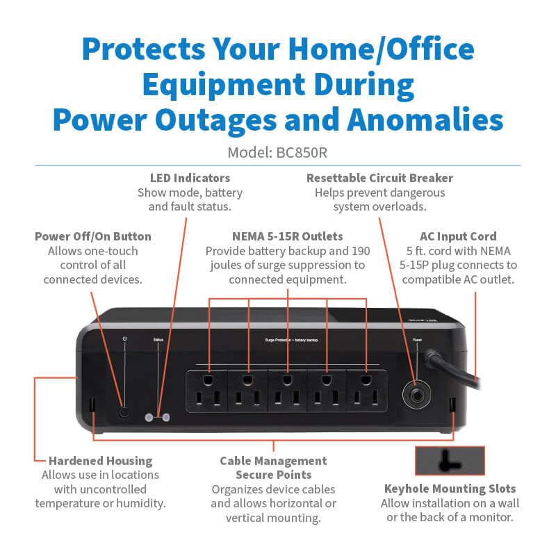 Image of Tripp Lite 850VA UPS Desktop Battery Backup and Surge Protector, 450W, 5 Outlets, Home & Office UPS, Small Form Factor, Wall Mounting Option, 5ft Cord, 3-Year Warranty (BC850R)