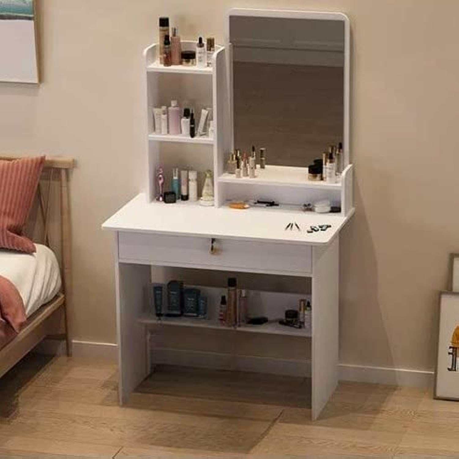 HAOWINS-PAN Dressing Table Bedroom Modern Simple Storage Cabinet Delicate All-in-one Makeup Table Bedroom Makeup Table with Mirror(WHITE)