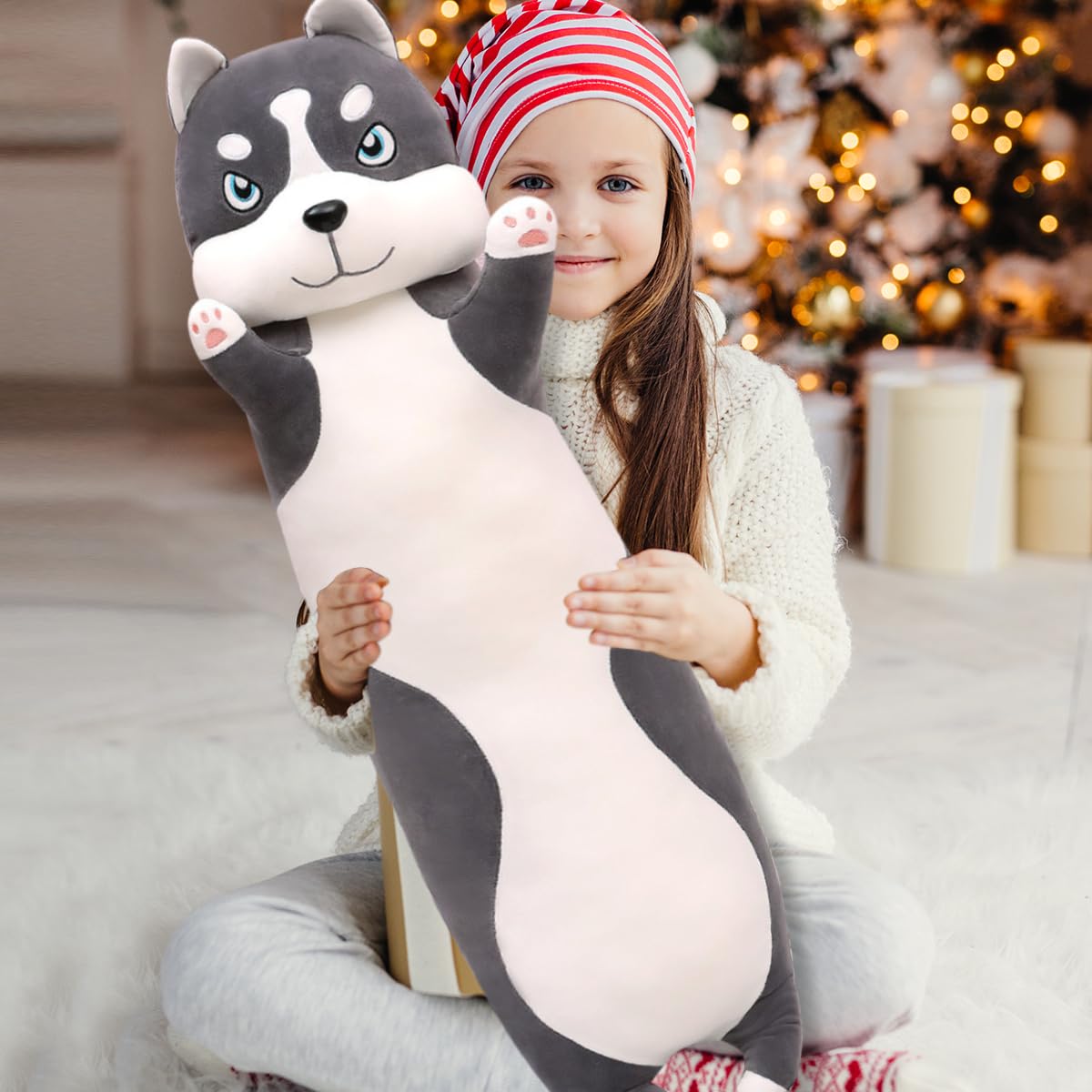 LEcylankEr Husky przytulanka 50/70/90/110 cm, miękka przytulanka dla psa, poduszka pluszowa Husky, dla dzieci i dorosłych, słodki prezent na urodziny, Boże Narodzenie, Walentynki (110 cm)