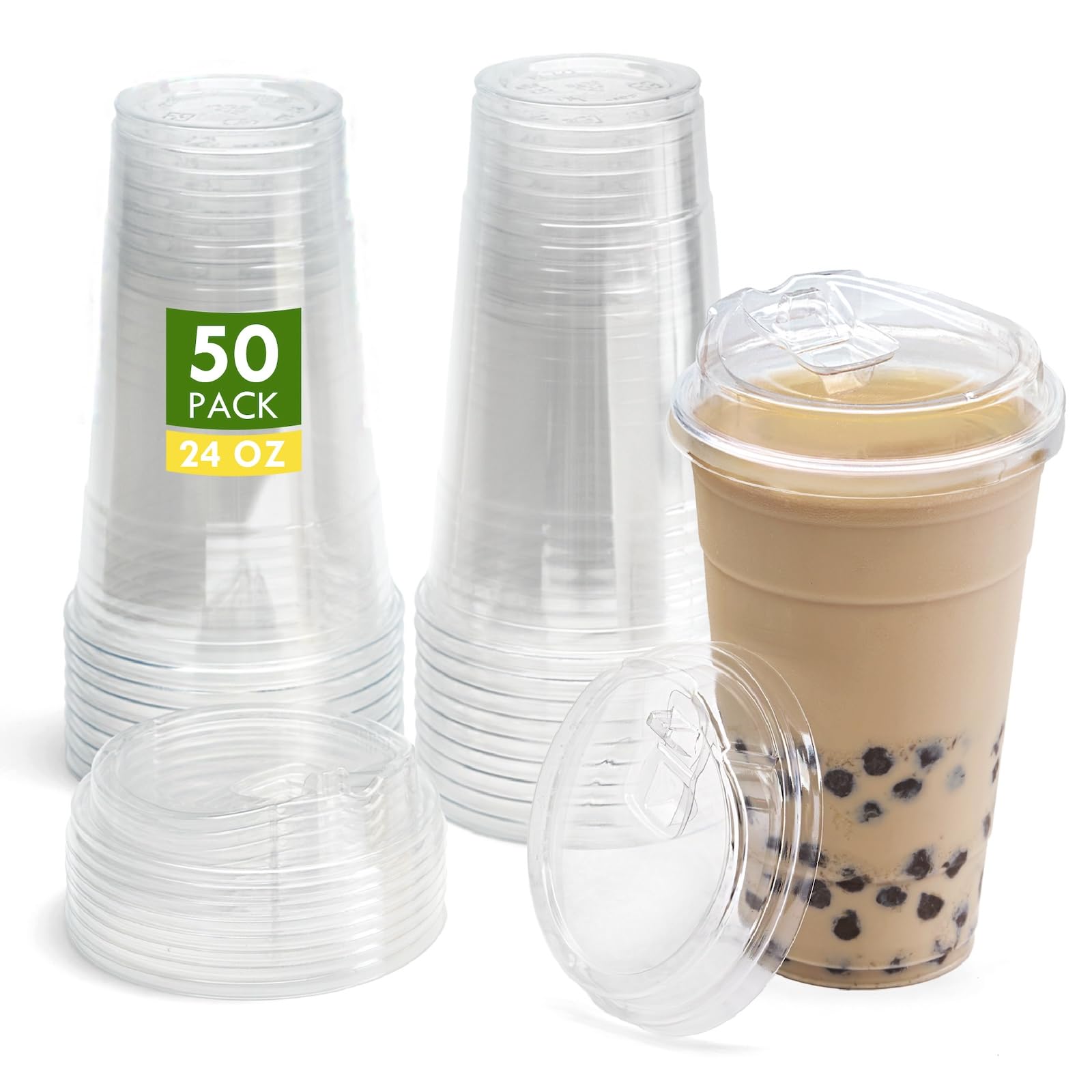 Shuanglin 24oz, 50 Sets, Clear Plastic Cups with Strawless Sip Lids, BPA-Free, Leak-Proof, Crack-Resistant, Disposable Thick Drinking Cups