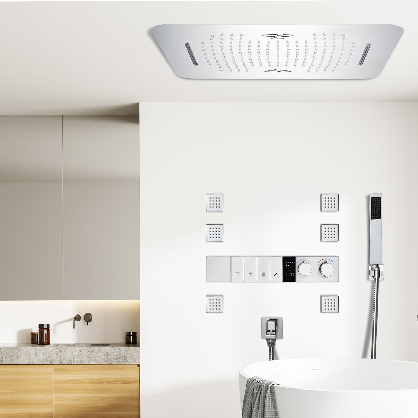 colonna doccia,Set doccia multifunzione con termostato,cromatura,Kit doccia con musica Bluetooth con soffione da 580x380mm,LED multicolore,6 soffioni laterali e doccetta,doccia soffione completo