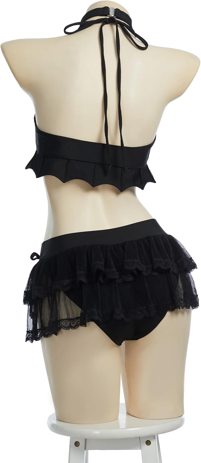 MEOWCOS Goth Bikini Swimsuit Cute Gothic Swimsuit Bathing Suit with Little Cat Design