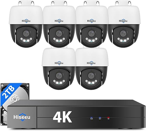 Sistema de cámaras de seguridad Hiseeu 4K PoE [Vista 4K+360°], 8 piezas de cámara PTZ PoE de 8MP con cable para exteriores, detección de personas y