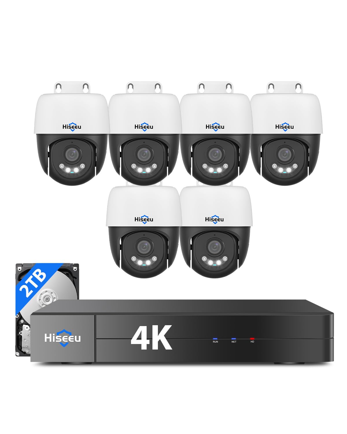 [4K+360° View] Hiseeu 4K PoE Security Camera System, 6Pcs 8MP PoE PTZ Wired Camera Outdoor, Human Vehicle Detect, 2-Way Audio, Color Night Vision,