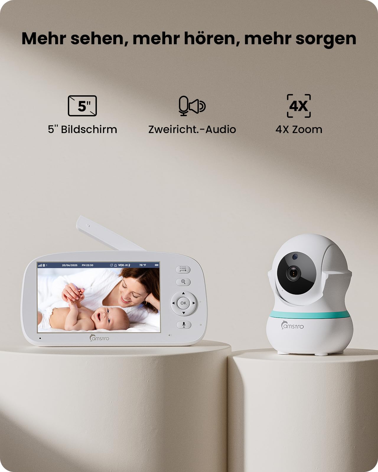 Babyphone mit Kamera, 5000 mAh Akku mit 5 Zoll Bildschirm, 355° Schwenken- 4X-Digital-Zoom, Babyfone ohne WLAN, 2 Wege Audio, Weinen/Geräuscherkennung, 5 Schlaflieder, Nachtsicht