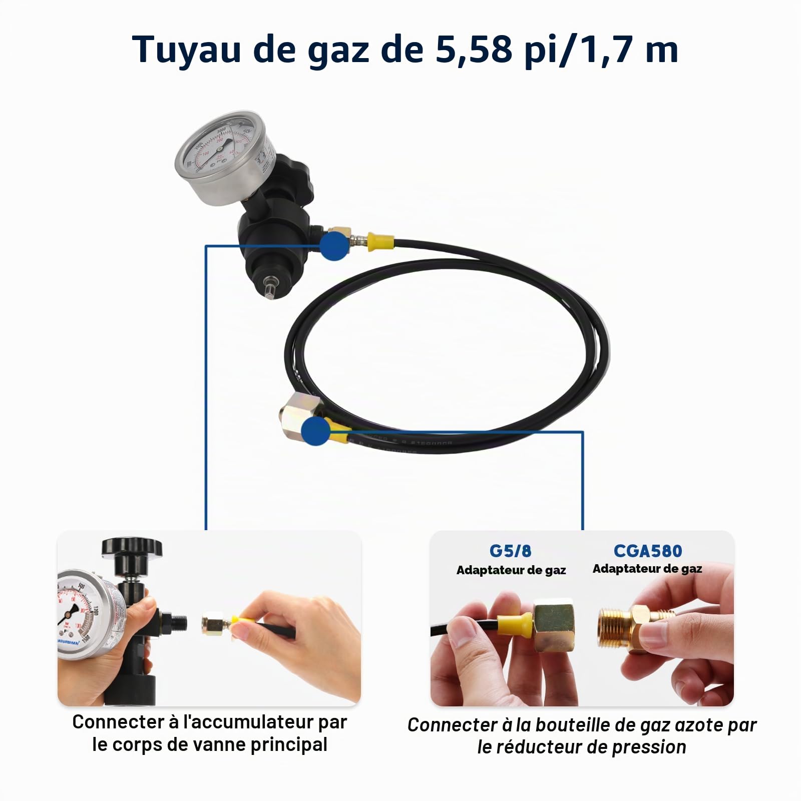 Kit Recharge Azote Accumulateur Hydraulique, Kit de test de pression d’azote, Système de test de pression d’azote, Outils de gonflage de gaz avec 7 raccords, 3 manomètres, 1 durite à gaz