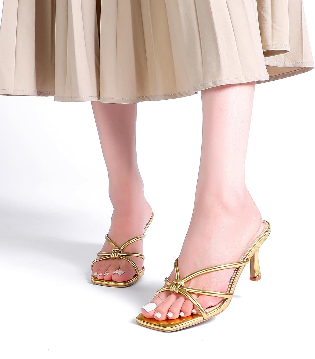 Kitten Strappy Heels for Women Knotted Square Open Toe Slip On Mule Heels Mid Heeled Sandals - Image 5