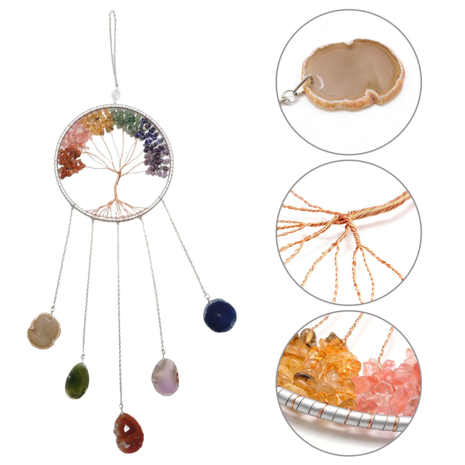 Hoypeyfiy Cristales árbol de la vida atrapasueños, piedra preciosa natural ágata chakra escudo colgante de pared decoración del hogar para meditación yoga arte de pared