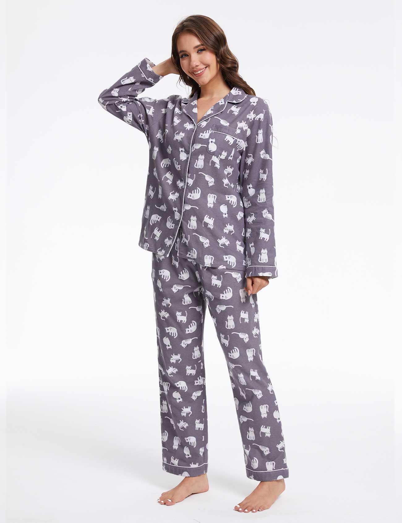 CHUNG Ensemble de pyjama en coton brossé à manches longues et pantalon boutonné en flanelle pour femme, vêtements de nuit confortables et chauds, grande taille