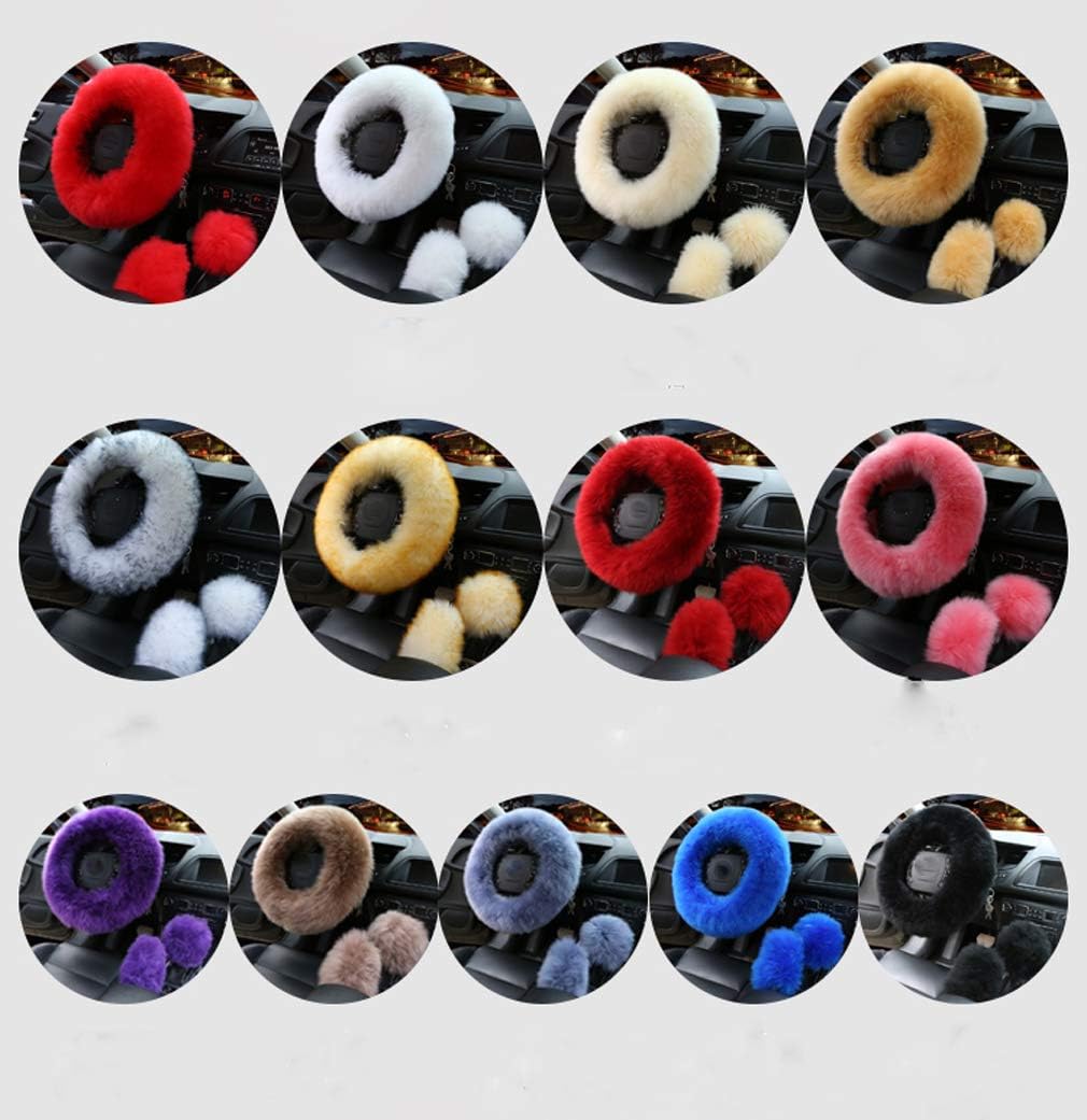 3Pcs Set Womens Winter Fashion Wool Fur Soft Furry Steering Wheel Covers Black Fluffy Handbrake Cover Gear Shift Cover Fuzz Warm Non-slip Car Decoration Long Hair
