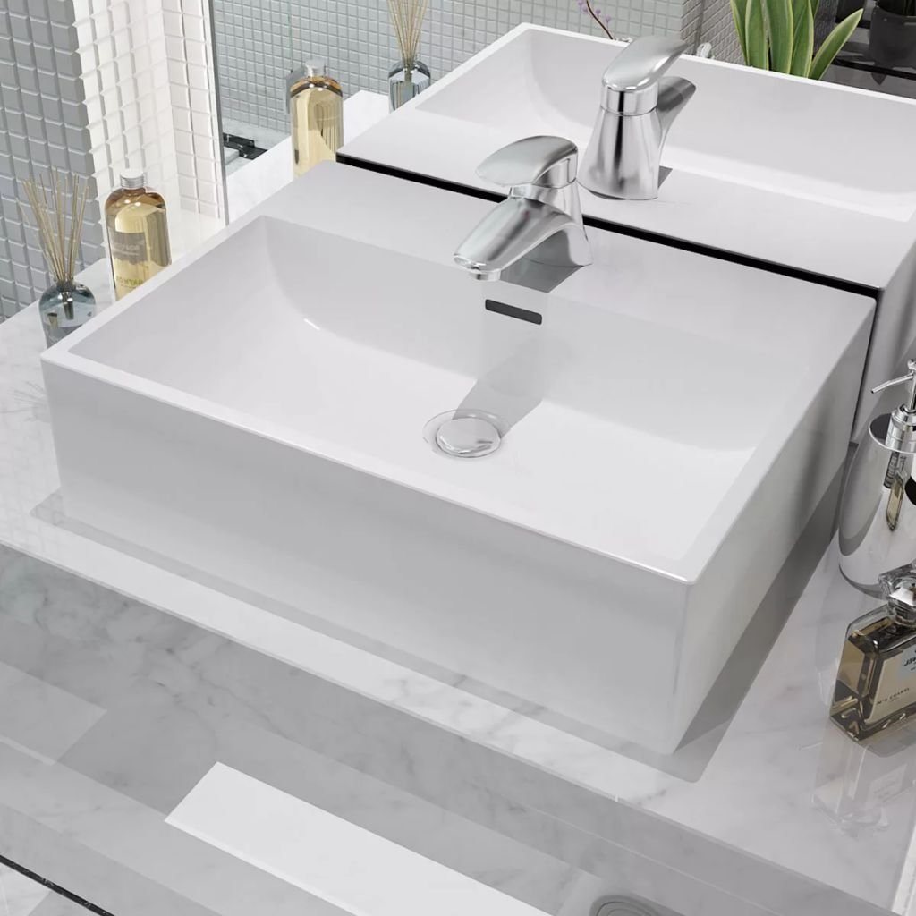 Homgoday Lavabo con orificio para grifo de cerámica blanca 51,5 x 38,5 x 15 cm, lavabo pequeño baño, tapón lavabo baño, fregaderos, filtro lavabo baño, tapones desagüe lavabo baño