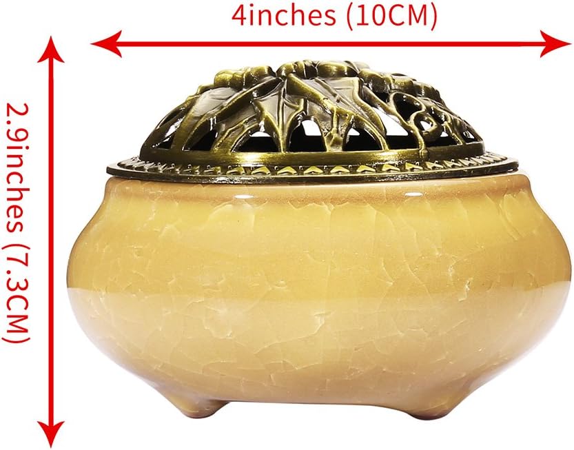 Miupoo Incense Burner and Cone Incense Holder with Brass Incense Stick Holder Ceramic Ash Catcher,Yellow
