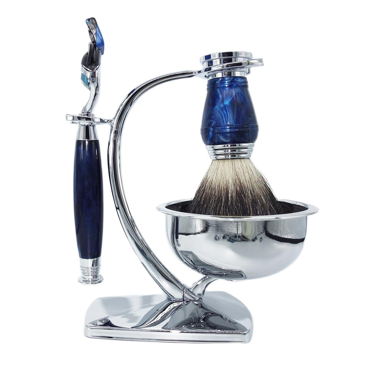 Juego de aseo de lujo para hombre, 5 cuchillas, compatible con maquinilla de afeitar, 100% pelo de tejón, cepillo de afeitar con mango marfil y base de soporte para jabón, diseño elegante,