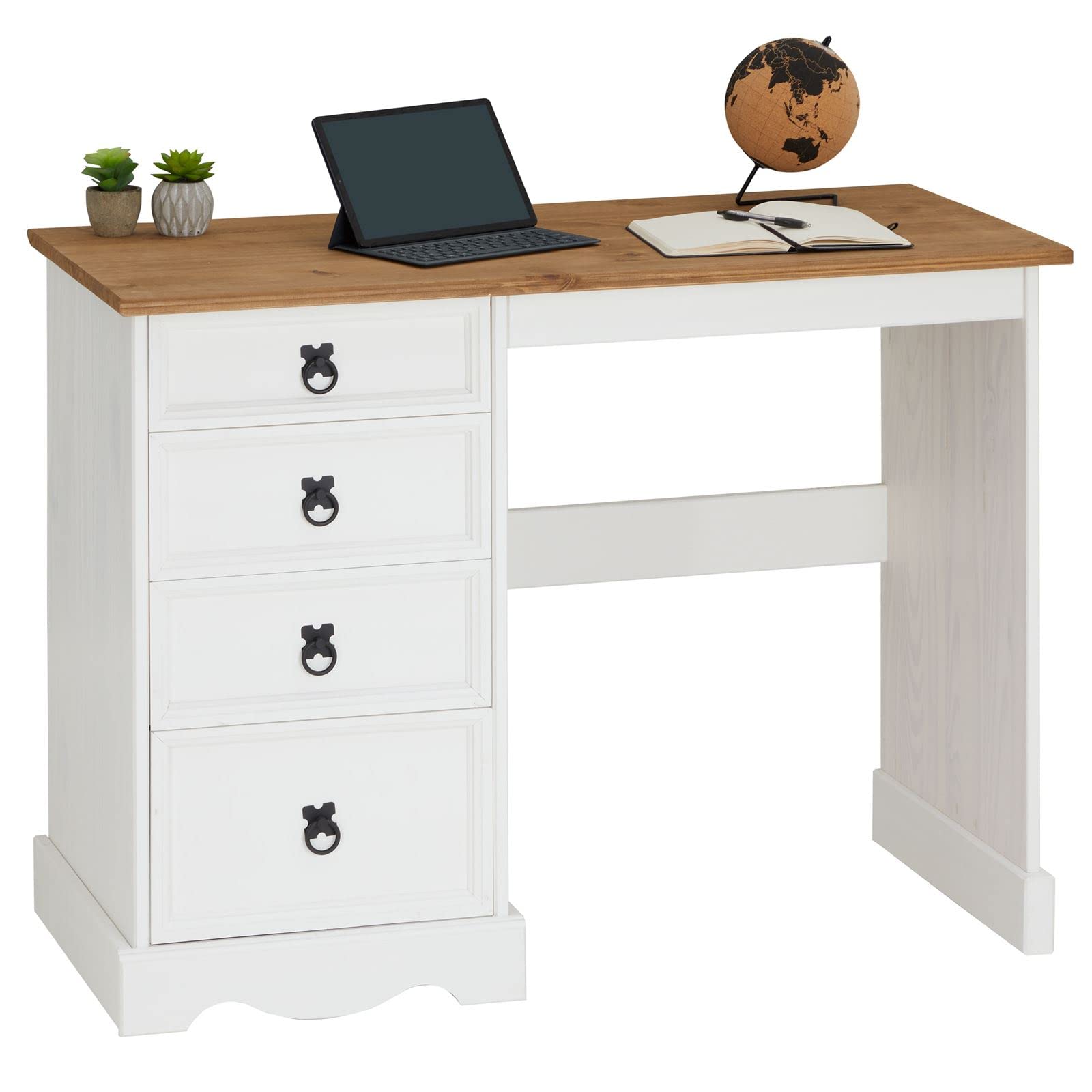 CARO-Möbel Schreibtisch Campo im Landhausstil, eleganter Tisch aus massiver Kiefer, Bürotisch mit Schubladen