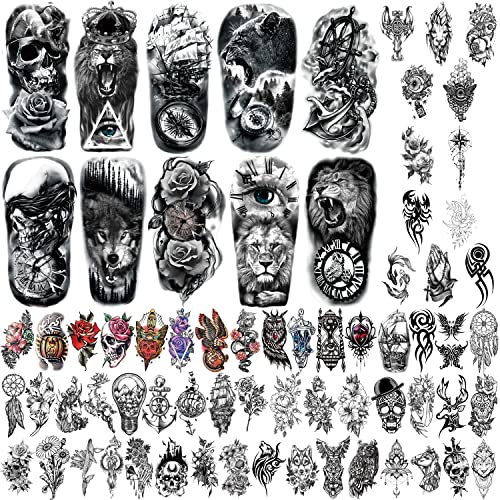 Yazhiji 70 hojas de tatuaje temporal impermeable para niñas y niños, 10 hojas más grandes de medio brazo tatuajes falsos para hombres o mujeres y 60 hojas de tatuaje de serpiente de flor pequeña