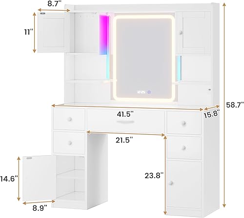 Miniatura 5 de Tiptiper Escritorio grande con espejo y luces, tocador de maquillaje con luces y estación de carga, mesa de tocador con espejo inteligente con