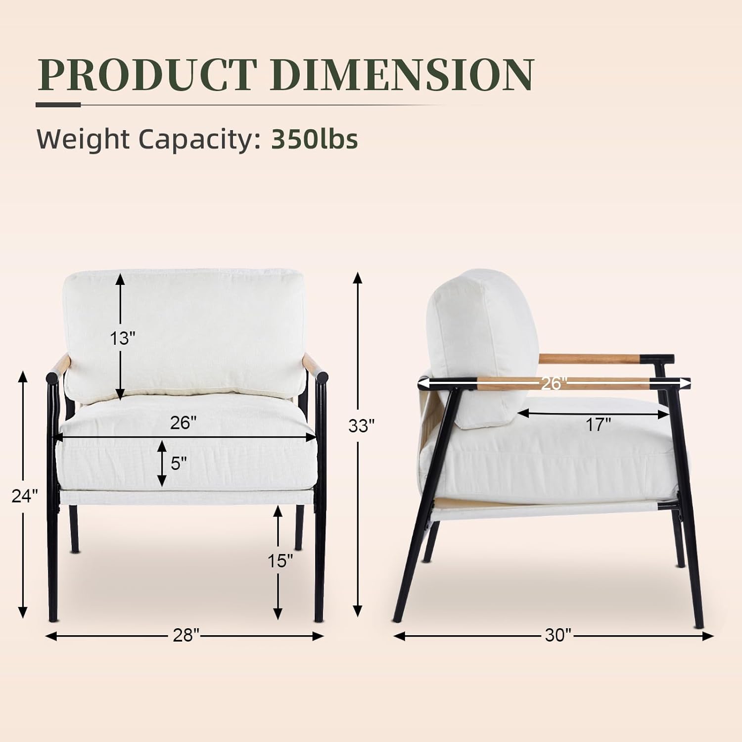 Accent Chair Living Room Chair Set of 2, Mid Century Modern Armchair Comfy Reading Chair for Bedroom, Upholstered Chenille Fabric Lounge Chair W/Plush Cushions, Metal Frame and Wooden Armrest, White