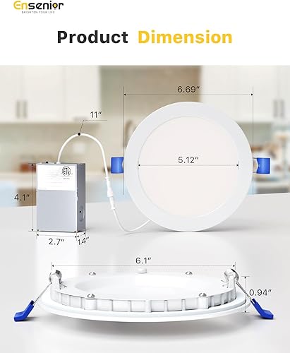 Vista 51 de Ensenior - Paquete de 12 luces LED empotrables de techo, ultra finas con caja de conexiones, intensidad regulable, alta luminosidad. 5000 K