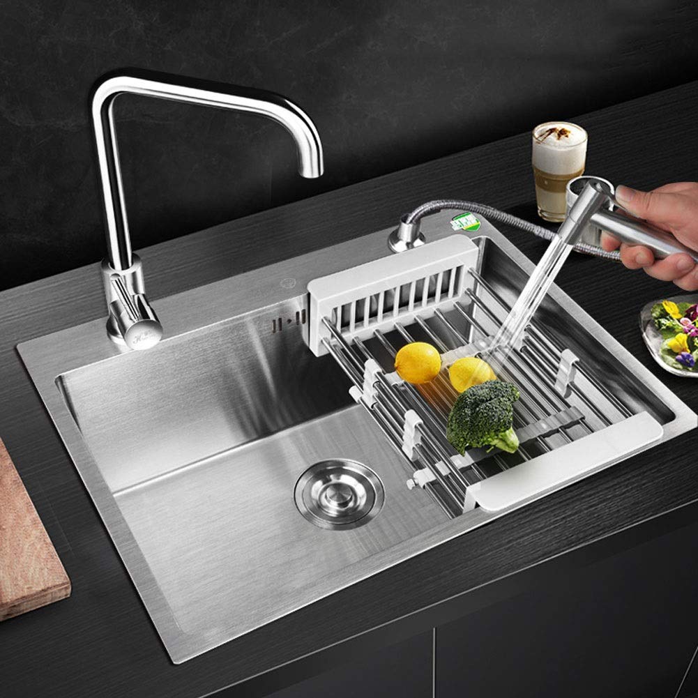 Juego de Fregadero de Acero Inoxidable, Fregadero Individual para Cocina con Kit Completo de fontanería, desagüe y escurridor para instalación empotrada (Tamaño: 68x45cm)