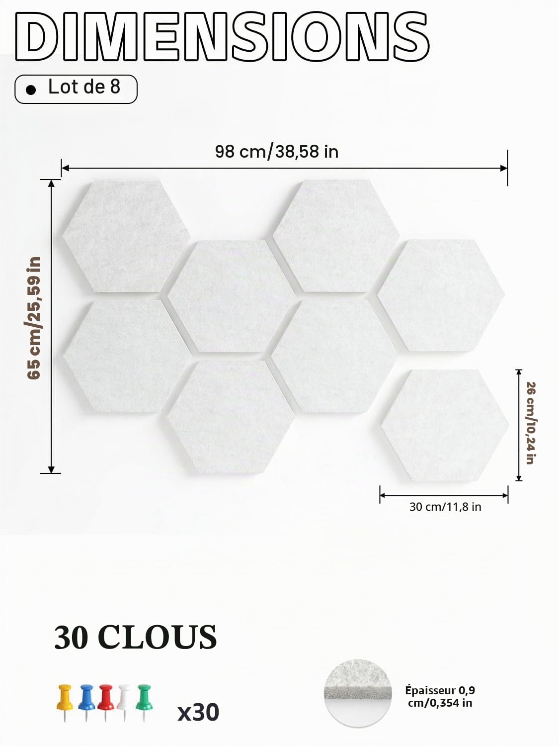 Grand Tableau Hexagonal en Liège 30x26 cm, 8 Pièces Tableau d'Affichage en Feutre avec 30 Punaise, Panneau Liege Mural pour Bureau, Maison