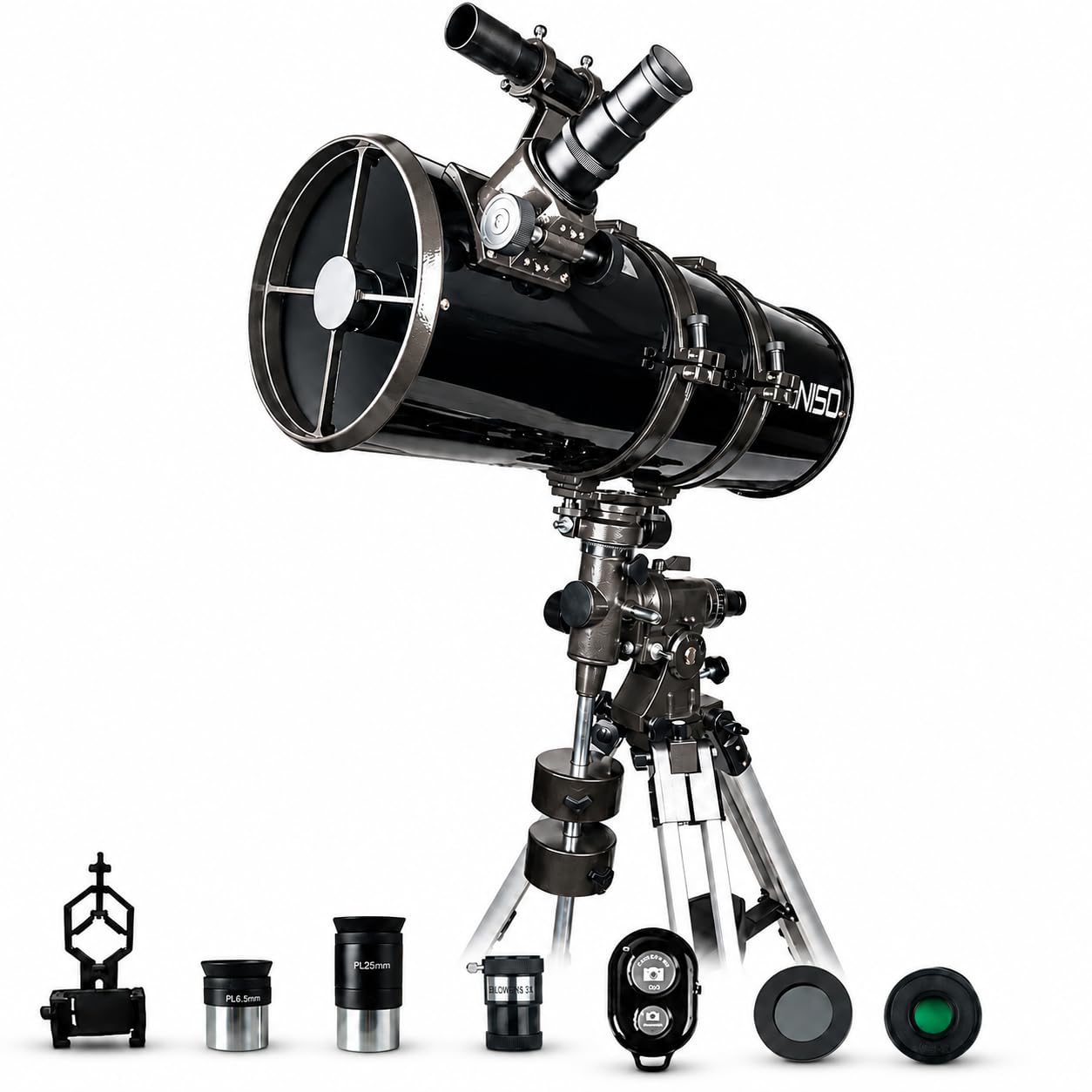 HINISO 203EQ Telescope | 203mm Aperture | 800mm Focal Length | 32x–246x Magnification | EQ4 Equatorial Mount | P.L. Series Eyepiece | Bluetooth Remote & Tripod-image-48