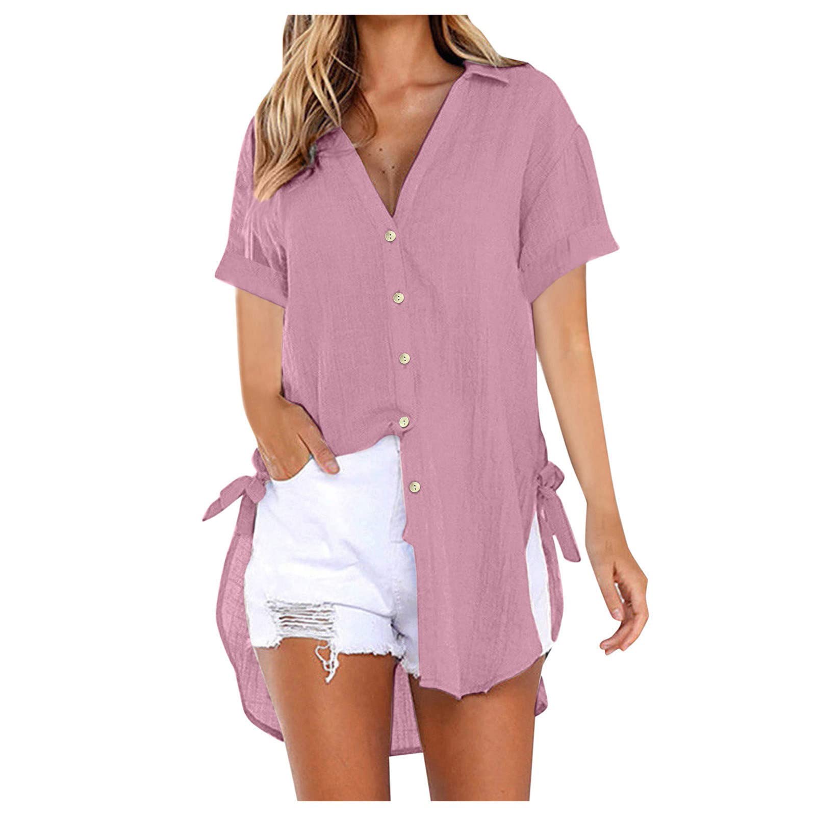NUSGEAR Camisa Manga Corta Mujer Verano 2023 Moda Algodón y Lino Color sólido Camisa Blusa Cuello en V Botones Basica Camiseta Largo Elegant Suelto Oficina Negocios Tops Casual Cómodo T-Shirt tee