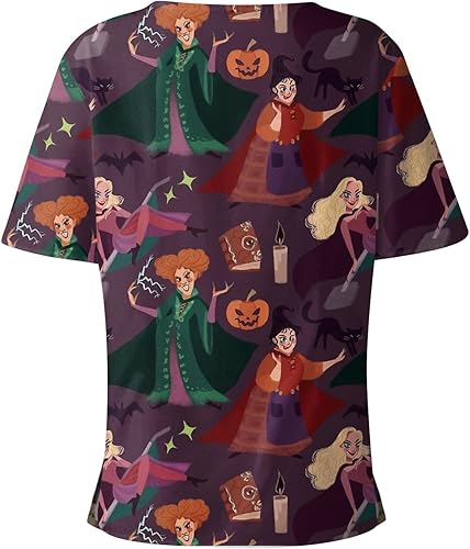 Miniatura 3 de Halloween Scrubs Print Scrub Tops for Women Breathable Pumpkin Bat Ghost Skull Pattern V-Neck Tee Tops with Pockets