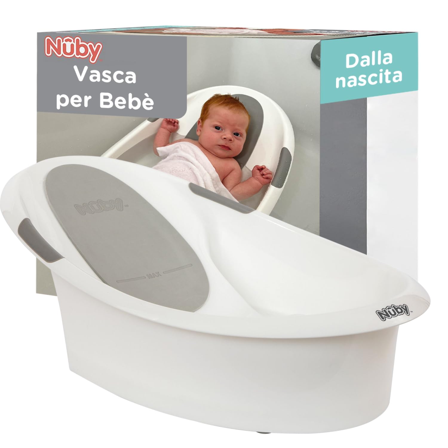 Nuby Vaschetta Bagnetto, Poggiatesta Morbido Antiscivolo, 0+ Mesi, Bianco