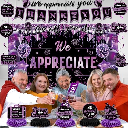 Image of Purple We Appreciate You Decorations Black Purple Thank You for All You Do Banner Honeycomb Centerpieces Hanging Swirls Employee Staff Appreciation Gift Pastor Teacher Doctor Graduation Party Decor