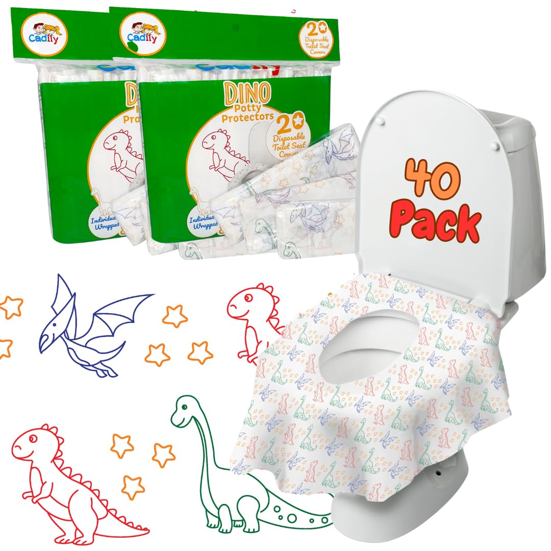 Dinosaur Disposable Toilet Seat Covers for Travel 40 pack Extra Large Waterproof and Individually Wrapped Toddler Toilet Seat