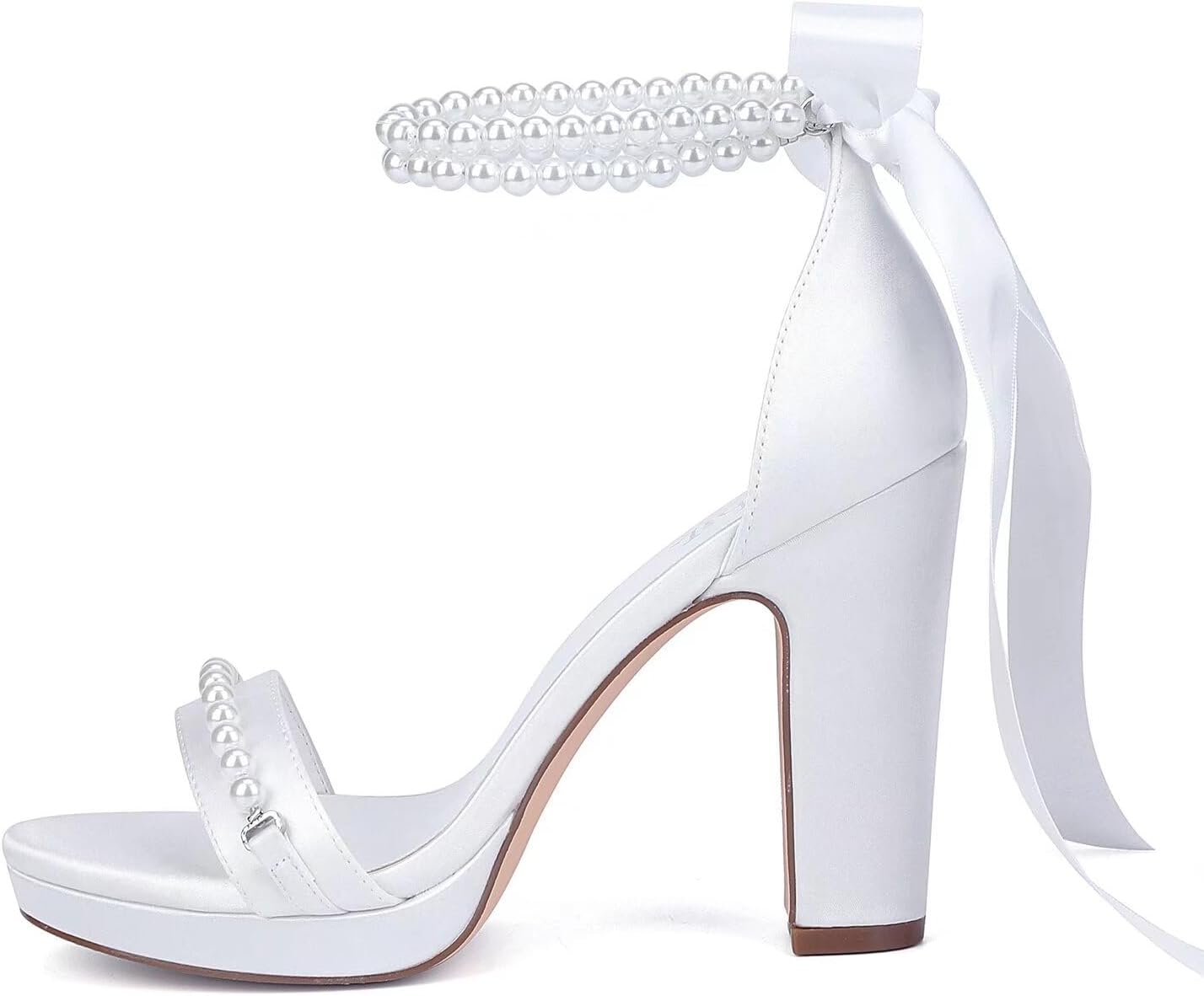 Pearl Wedding Shoes for Bride High Heel Platform Wedding Sandals Chunky Heel Bridal Shoes - Image 3