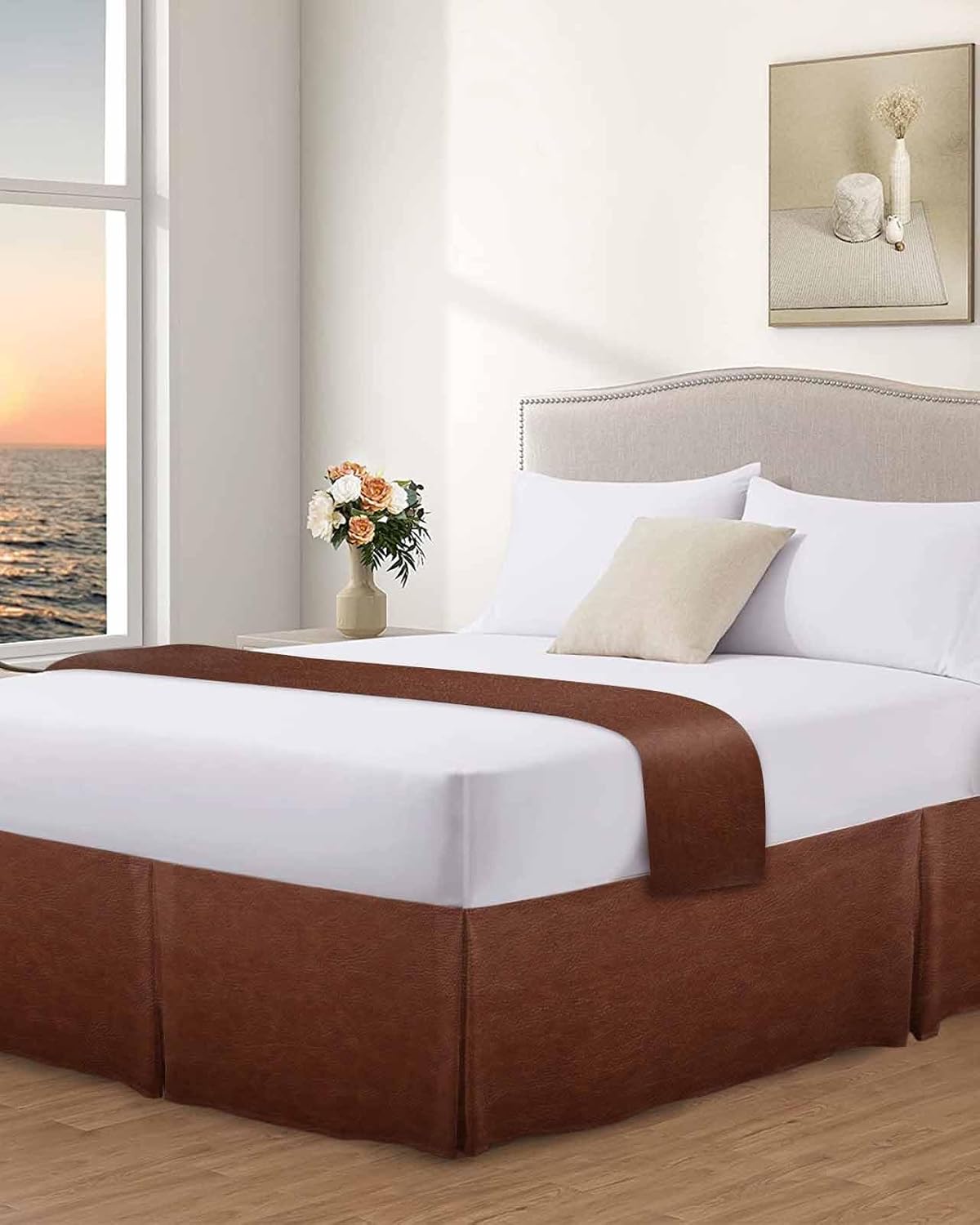 Brown Leather Texture Bed Skirt Queen Size 18 Inch Drop with Split Corners, Farmhouse Vintage Dust Ruffled Pleated Bed Skirts Wrap Around Tailored Bed Skirt Valance for Bedroom