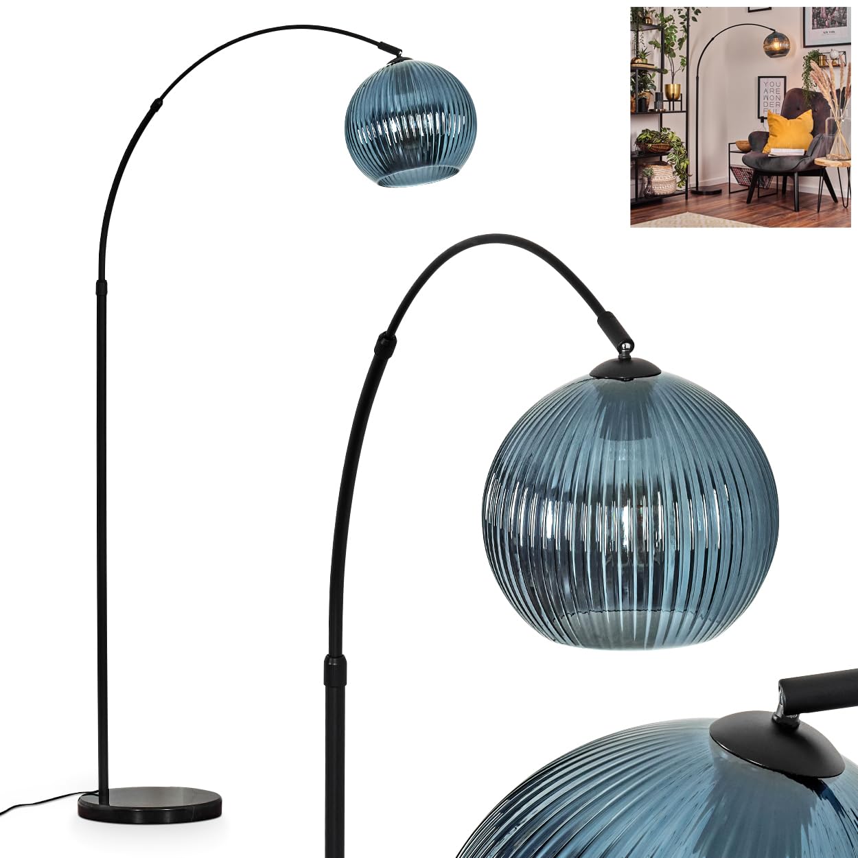 HOFSTEIN Lampadaire Koyoto, en métal/verre ondulé noir/bleu avec pied en marbre, lampe réglable au design rétro (abat-jour Ø 25 cm), interrupteur au pied, E27, salon, chambre à coucher, couloir