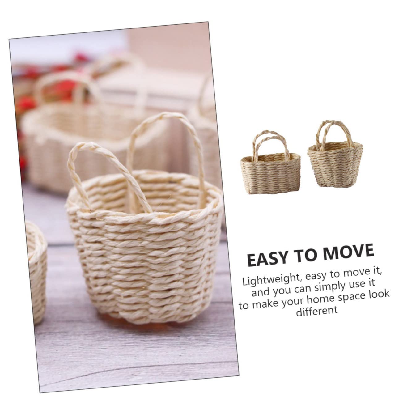 Toyvian 2 Pcs Miniature Storage Basket, Small Bamboo Flower Basket with Handles - Image 3