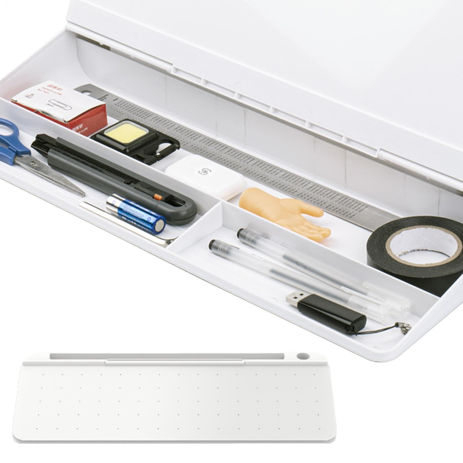 Lavagna bianca da scrivania, piccola lavagna cancellabile a secco, in vetro, con cassetto, supporto per tastiera del computer per attività, appunti e appuntamenti, materiale scolastico | Organizer da scrivania con 3 pennarelli, supporto per tastiera per c