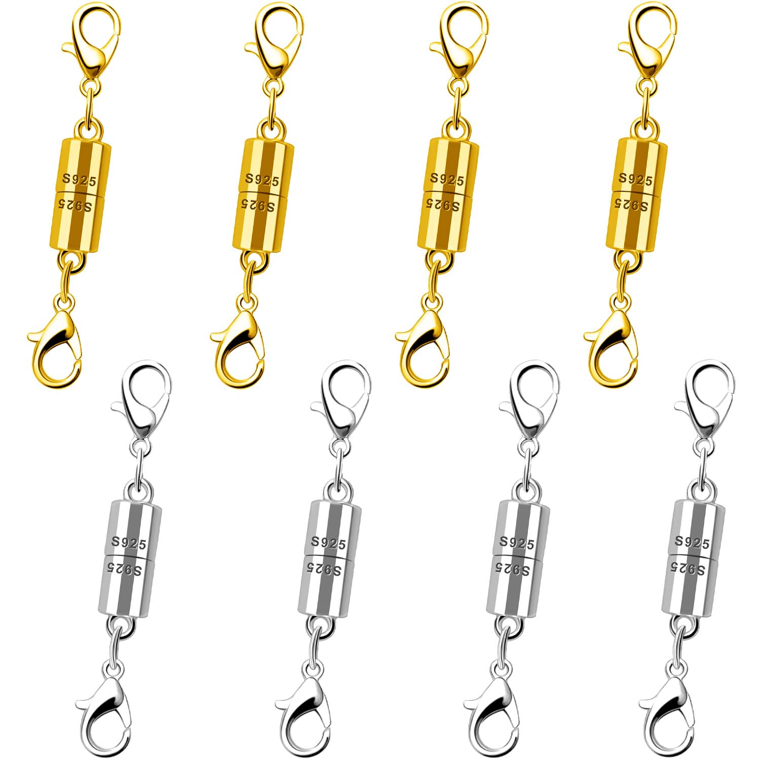 925 Silver Magnetic Necklace Clasps and Closures, Magnetic Jewelry Clasps,Strong Magnet Closures for Necklaces and Bracelets (4gold+4silver)