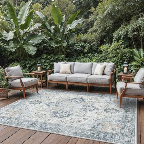 Image of GENIMO Indoor & Outdoor Area Rug 8'x10', Waterproof, Non-Shedding, Easy Cleaning, Boho Mat for Patio, Living Room, Balcony, Dining Room, RV, Deck, Bedroom, Camping, Outside Carpet, Blue