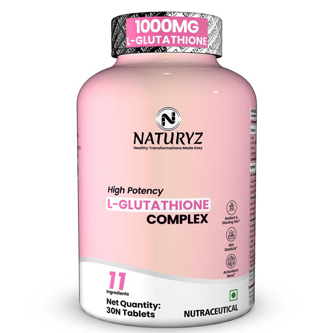NATURYZ High Potency L-Glutathione 1000mg per serving Glow Supplement for Women & Men | Highest 11 Nutrients | Skin Peptide Complex for Depigmentation | Antioxidant Blend | Glutathione Builder for Radiant & Brightening Skin - 30 Tablets