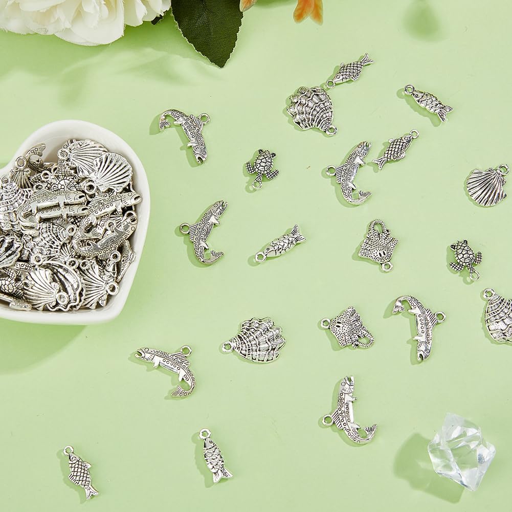 93Pcs Marine Life Charms 7 Styles Antique Silver Alloy Ocean Animals Charms Tibetan Seashell Fish Tortoise Pendants for Jewelry Necklace Bracelets Earrings Making DIY Crafts - Image 4