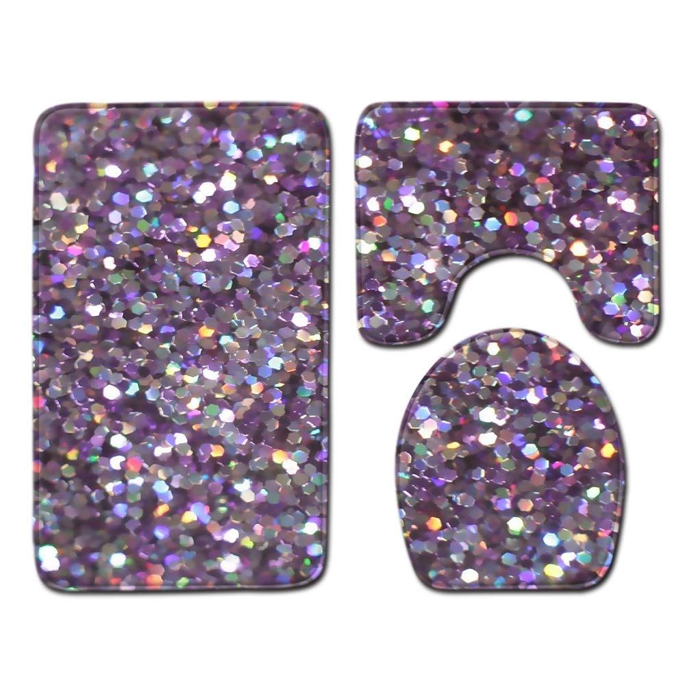 Shinewe Glitter Sparkles Shimmer 3 Pieces Bathroom Rug Set Pedestal Mat Non Slip Bath Mat Toilet Lid Cover Toilet Rug Set (Glitter Sparkles Shimmer)