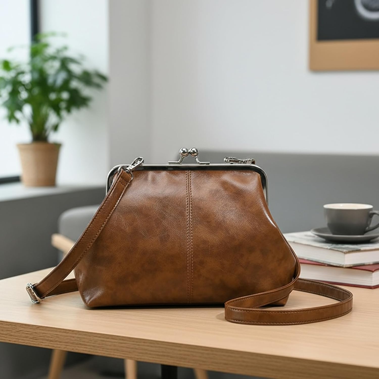 Kiss Lock Crossbody Bag Pu Leather Shoulder Bags For Women Kiss Clasp Handbag Trendy Tote Purse Evening Clutch - Image 3