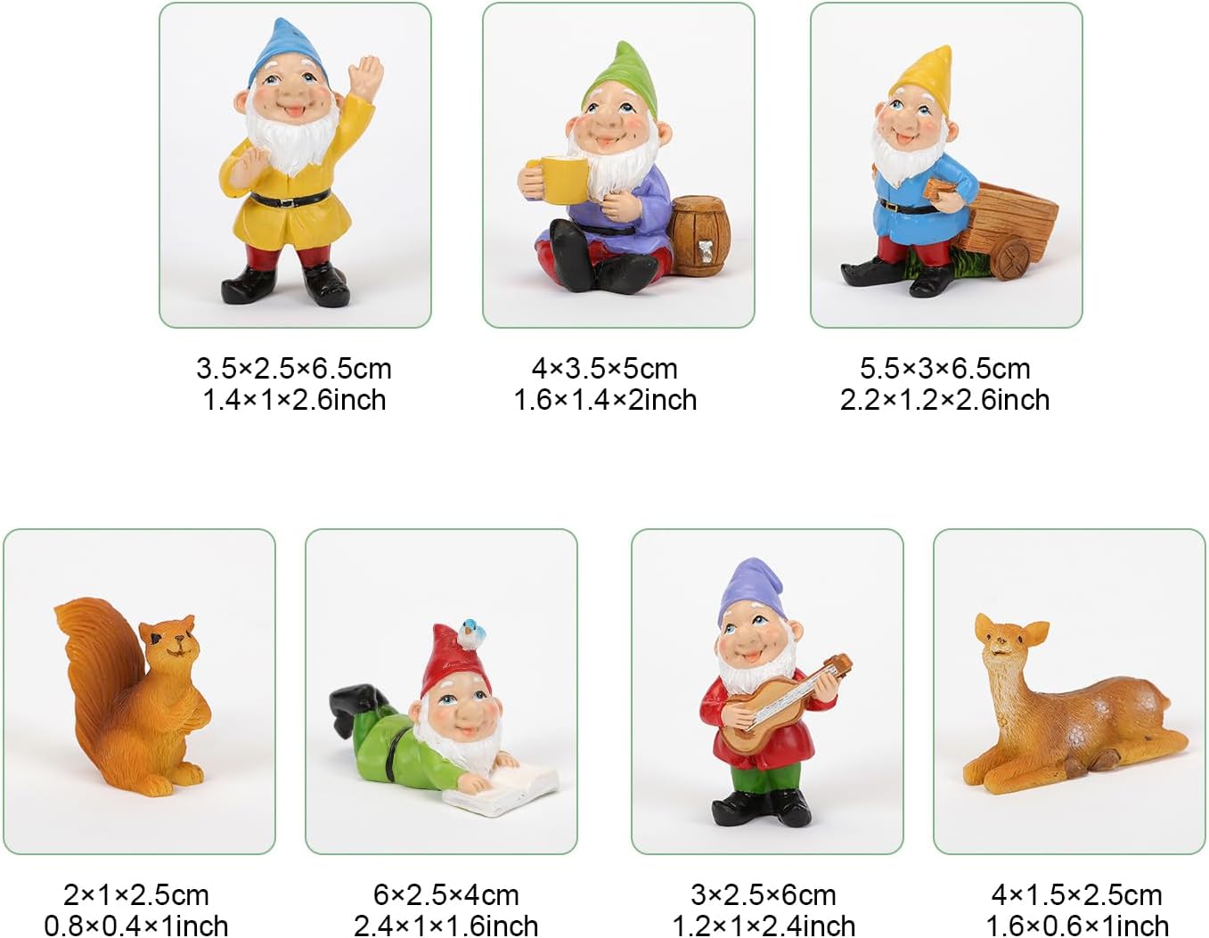 7cs Gnome Miniature Set with Deer and Squirrel for Fairy Garden, Lovely Resin Dwarf Figurines Kit for Garden Yard Patio Outdoor Home Decoration - Image 2