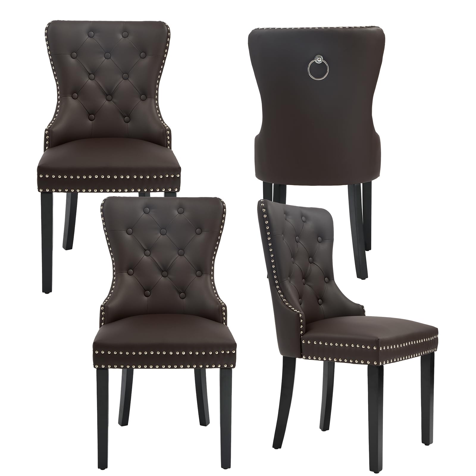 adochr PU Leather Dining Chairs Set of 4, Tufted Upholstered Dining Room Chair with Pull Ring and Solid Wood Legs, Brown